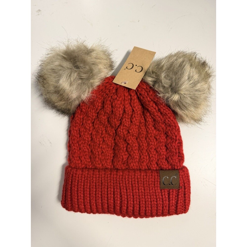 C.C Exclusive Double Pom Pom All Over Cable Ribbed Knit Winter Warm Beanie Red